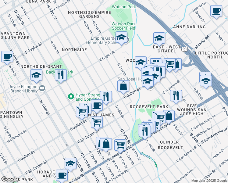 map of restaurants, bars, coffee shops, grocery stores, and more near 335 North 19th Street in San Jose