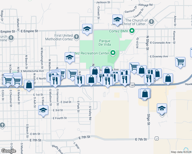 map of restaurants, bars, coffee shops, grocery stores, and more near 1104 East Main Street in Cortez