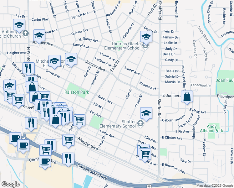 map of restaurants, bars, coffee shops, grocery stores, and more near 737 Hemlock Avenue in Atwater