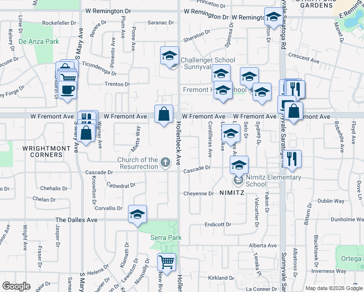 map of restaurants, bars, coffee shops, grocery stores, and more near 1336 Hollenbeck Avenue in Sunnyvale
