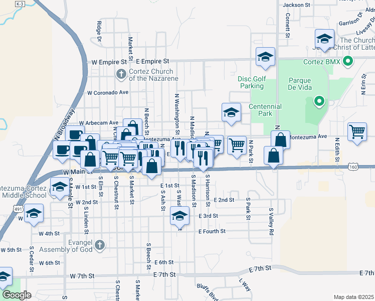 map of restaurants, bars, coffee shops, grocery stores, and more near 360 East North Street in Cortez