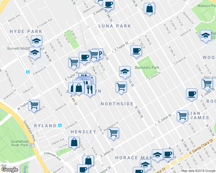 map of restaurants, bars, coffee shops, grocery stores, and more near 565 North 9th Street in San Jose