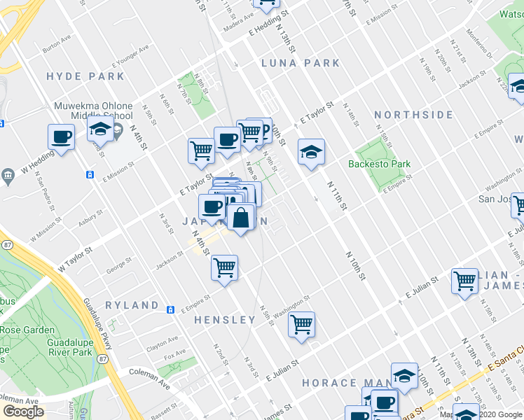 map of restaurants, bars, coffee shops, grocery stores, and more near 312 Jackson Street in San Jose