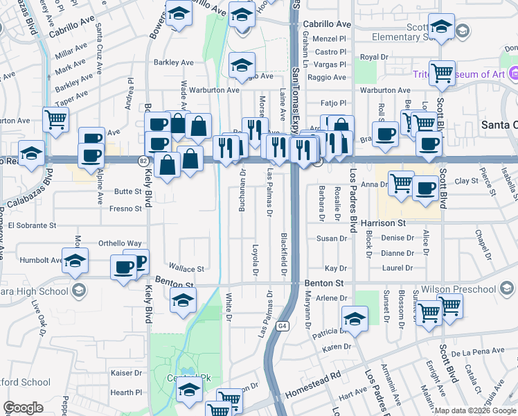 map of restaurants, bars, coffee shops, grocery stores, and more near 1357 Loyola Drive in Santa Clara