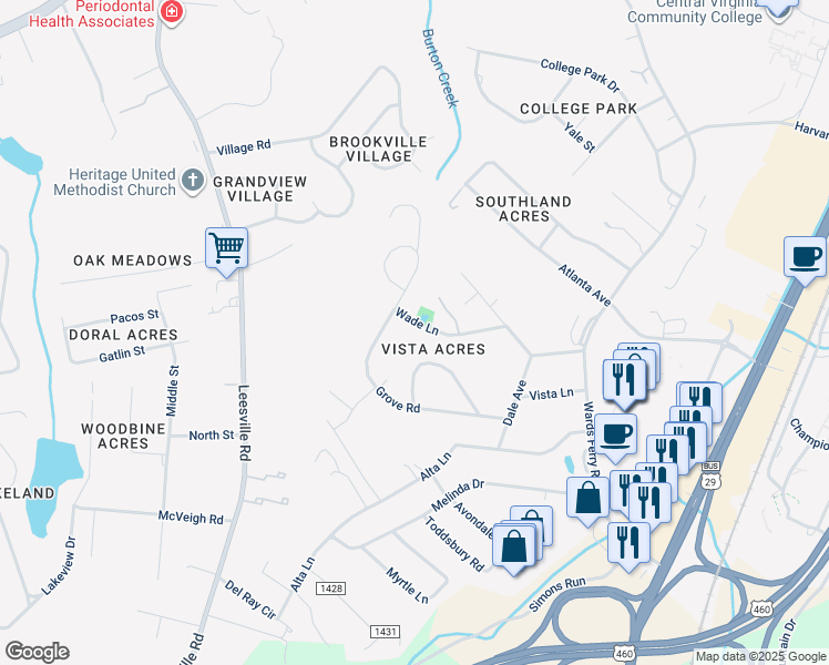 map of restaurants, bars, coffee shops, grocery stores, and more near 1224 Grove Road in Lynchburg