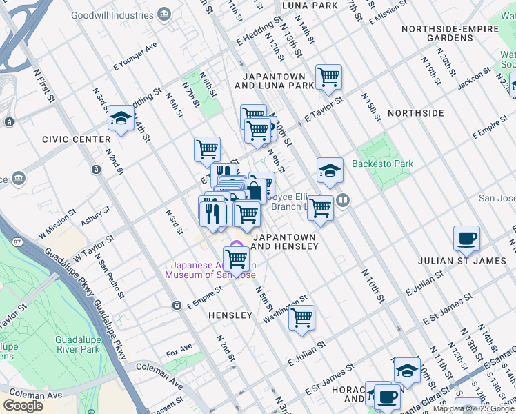 map of restaurants, bars, coffee shops, grocery stores, and more near 299 Jackson Street in San Jose