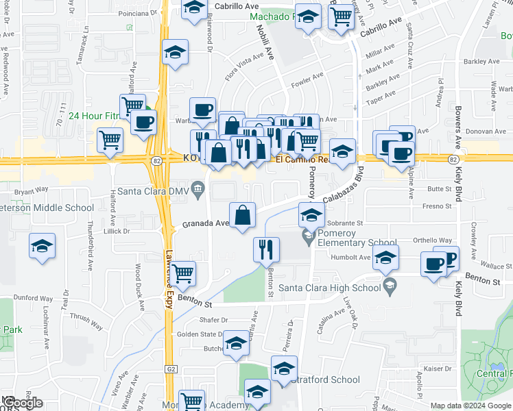 map of restaurants, bars, coffee shops, grocery stores, and more near 3421 Granada Avenue in Santa Clara