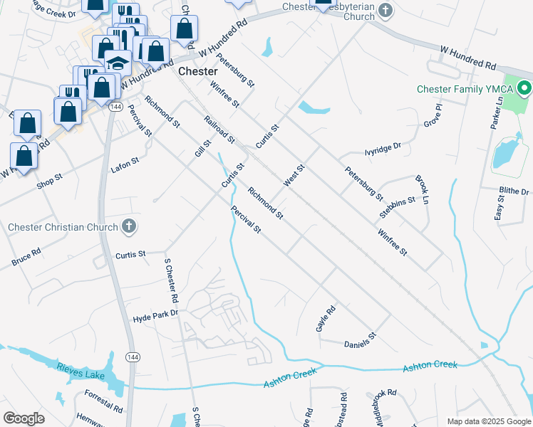 map of restaurants, bars, coffee shops, grocery stores, and more near 12500 Richmond Street in Chester