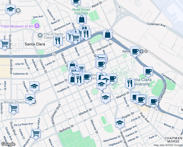 map of restaurants, bars, coffee shops, grocery stores, and more near 1050 Benton Street in Santa Clara