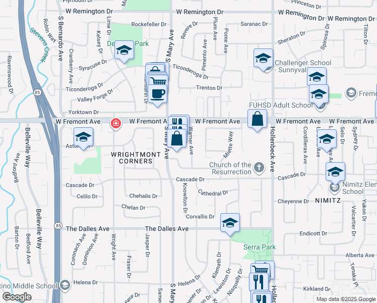 map of restaurants, bars, coffee shops, grocery stores, and more near 1375 Warner Avenue in Sunnyvale