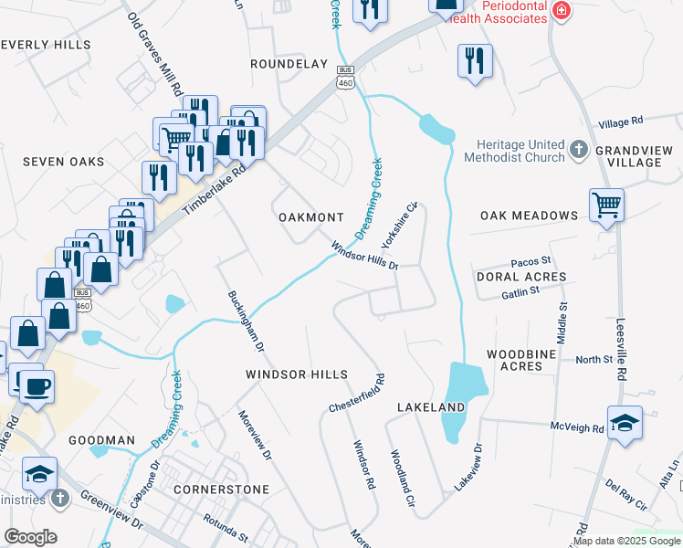 map of restaurants, bars, coffee shops, grocery stores, and more near 240 Chesterfield Place in Lynchburg