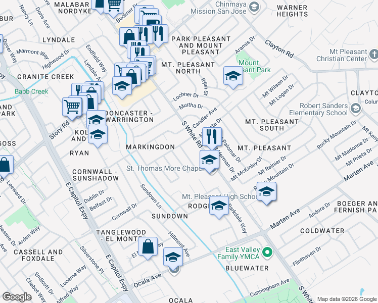 map of restaurants, bars, coffee shops, grocery stores, and more near 1446 Berksford Way in San Jose