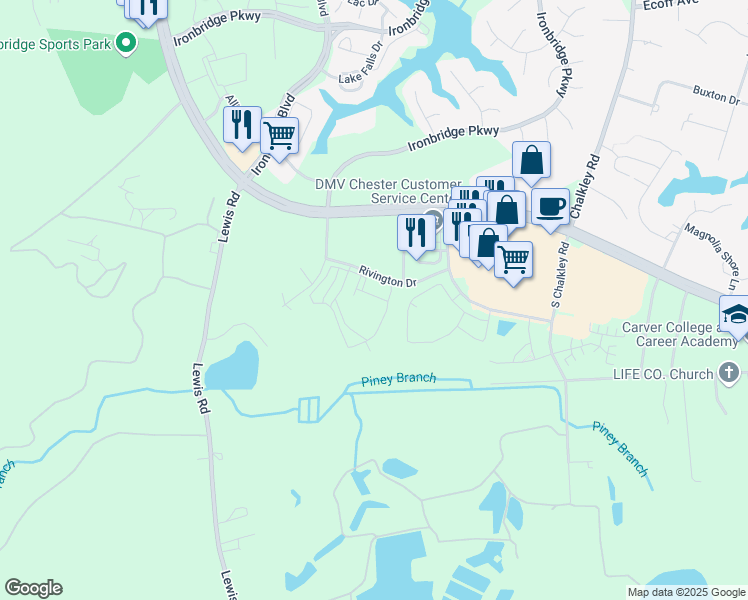map of restaurants, bars, coffee shops, grocery stores, and more near 6454 Waymore Lane in Chester