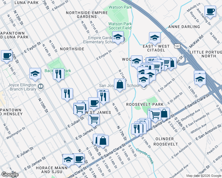 map of restaurants, bars, coffee shops, grocery stores, and more near 335 North 19th Street in San Jose