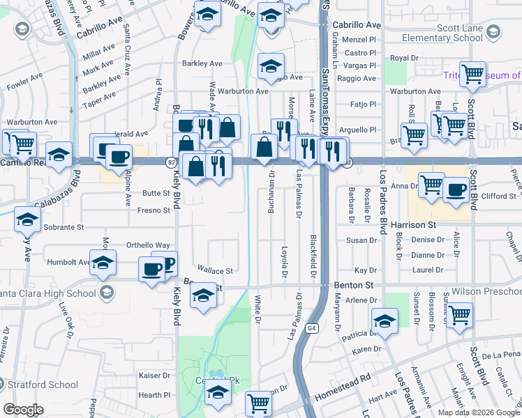 map of restaurants, bars, coffee shops, grocery stores, and more near 1339 White Drive in Santa Clara