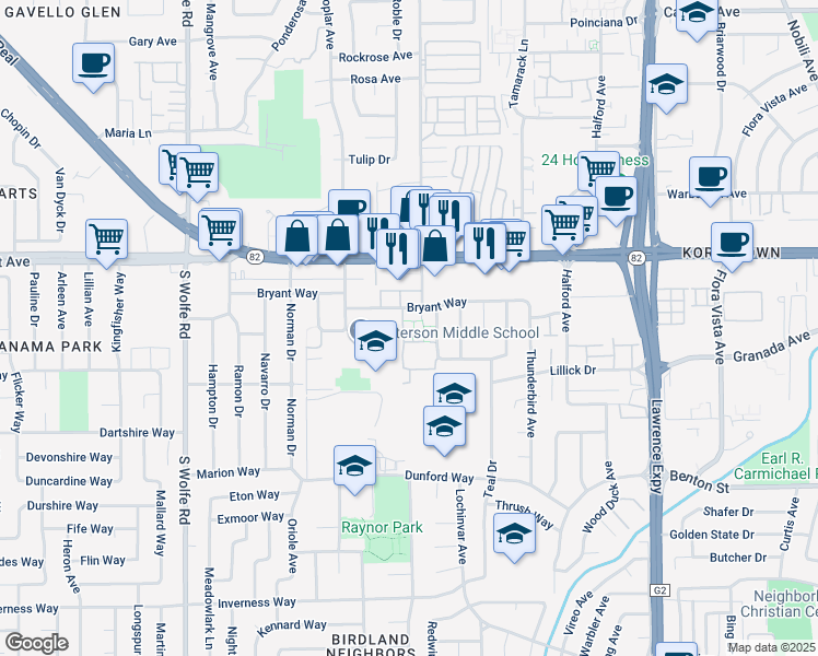 map of restaurants, bars, coffee shops, grocery stores, and more near 1350 Road Runner Terrace in Sunnyvale