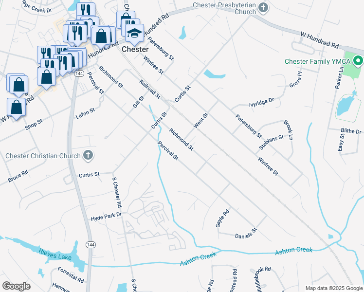 map of restaurants, bars, coffee shops, grocery stores, and more near 12500 Richmond Street in Chester