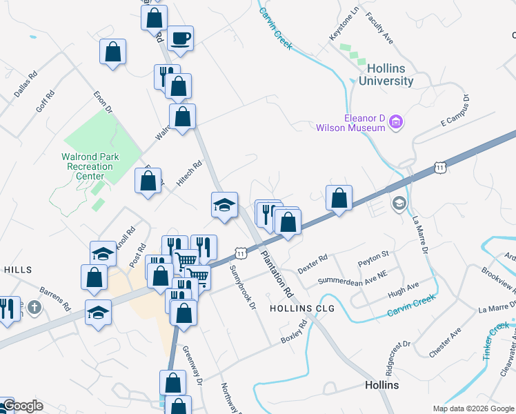 map of restaurants, bars, coffee shops, grocery stores, and more near 7601-7627 Old Dominion Drive in Hollins