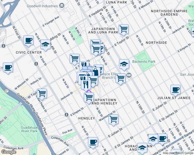 map of restaurants, bars, coffee shops, grocery stores, and more near 600 North 7th Street in San Jose