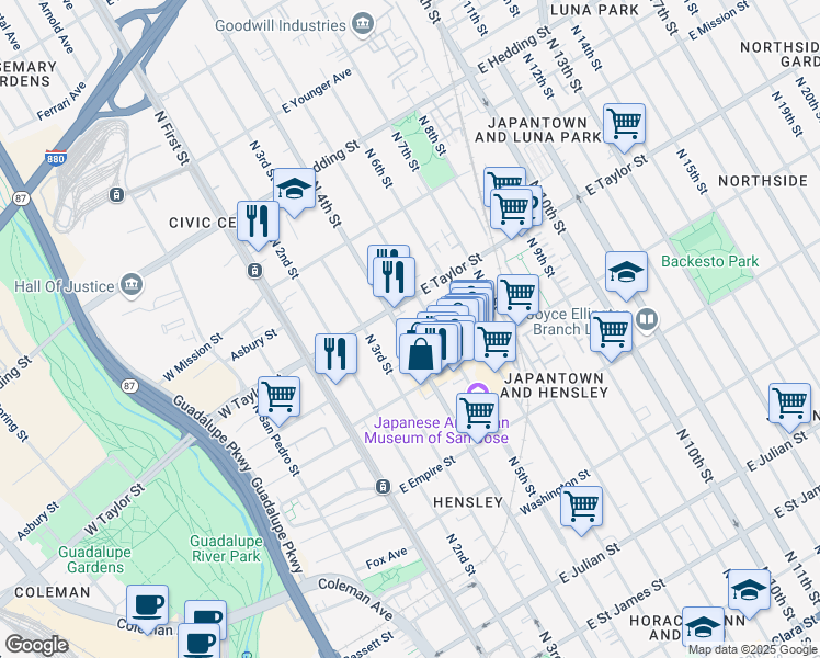 map of restaurants, bars, coffee shops, grocery stores, and more near 670 North 4th Street in San Jose