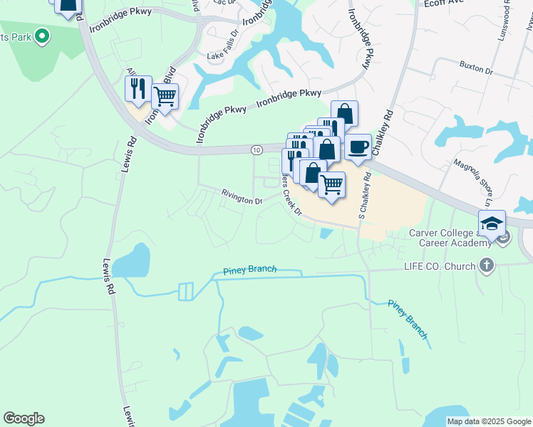 map of restaurants, bars, coffee shops, grocery stores, and more near 5729 Quiet Pine Circle in Chester