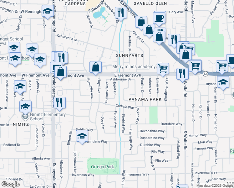 map of restaurants, bars, coffee shops, grocery stores, and more near 1346 Egret Drive in Sunnyvale