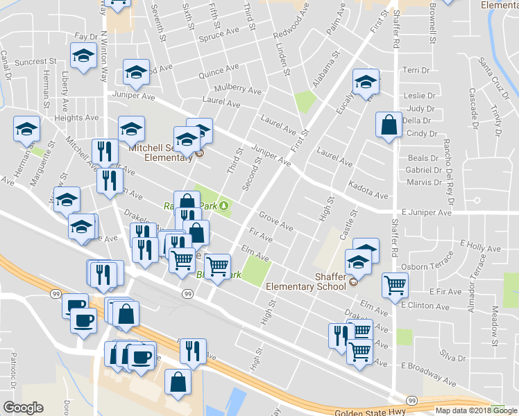 map of restaurants, bars, coffee shops, grocery stores, and more near 1600 First Street in Atwater