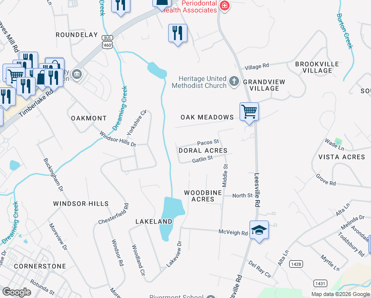 map of restaurants, bars, coffee shops, grocery stores, and more near 116 Pacos Street in Lynchburg