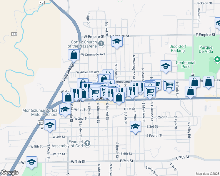 map of restaurants, bars, coffee shops, grocery stores, and more near 100 N Market St in Cortez