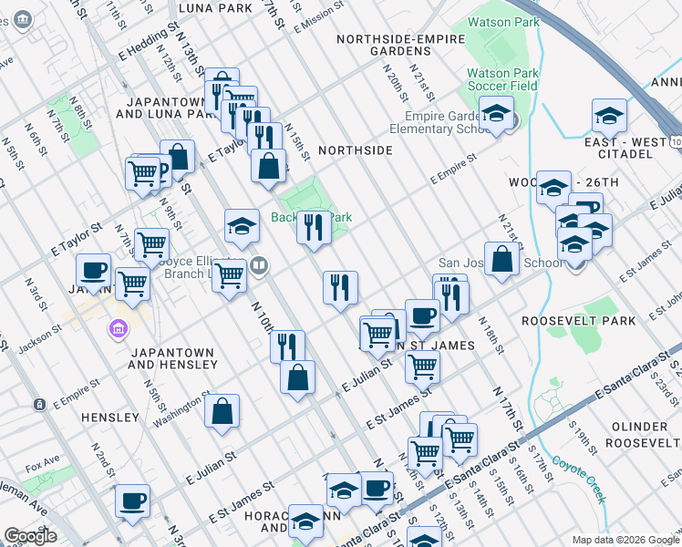 map of restaurants, bars, coffee shops, grocery stores, and more near 440 North 14th Street in San Jose