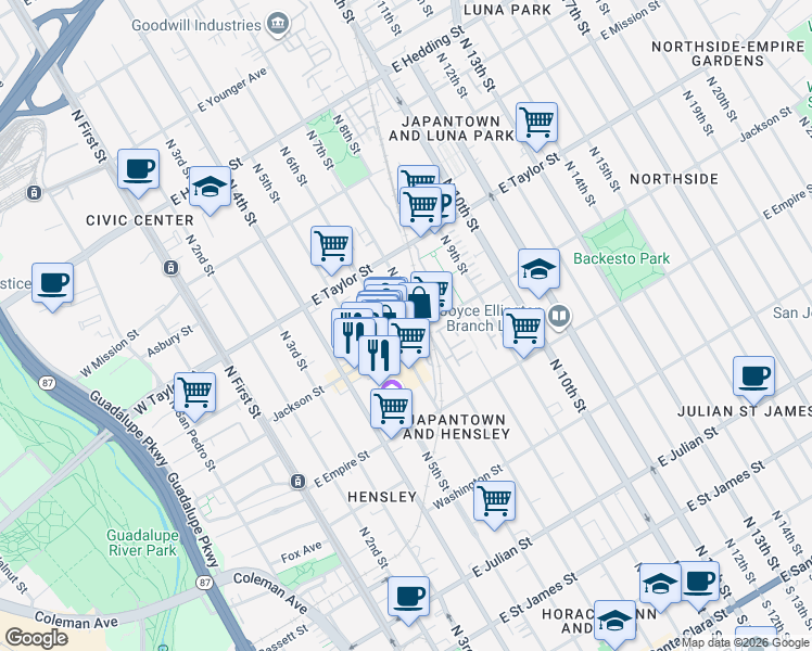 map of restaurants, bars, coffee shops, grocery stores, and more near 620 North 6th Street in San Jose