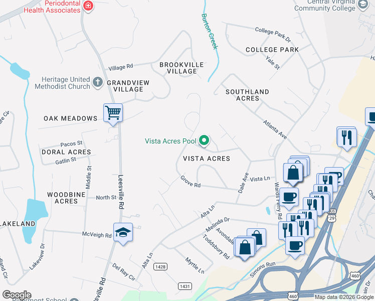 map of restaurants, bars, coffee shops, grocery stores, and more near 1224 Grove Road in Lynchburg