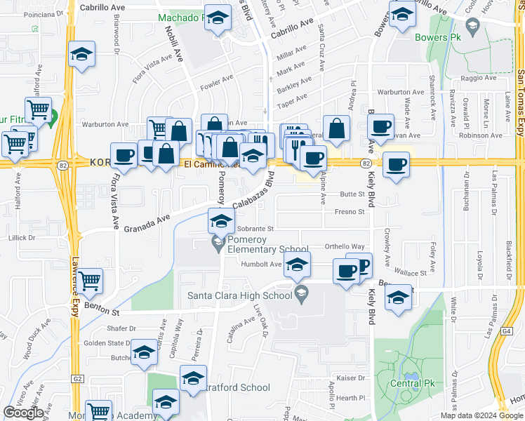 map of restaurants, bars, coffee shops, grocery stores, and more near 1361 Vía Dondera in Santa Clara