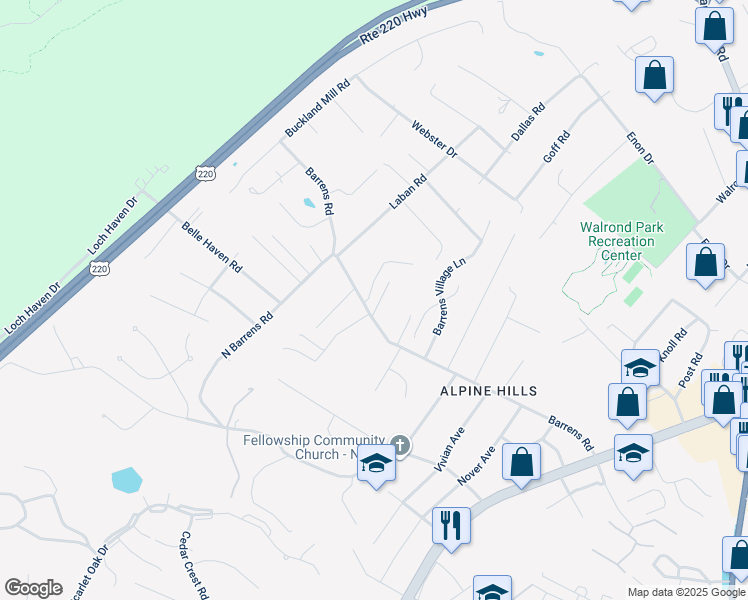 map of restaurants, bars, coffee shops, grocery stores, and more near 8103 Golden Oak Lane in Hollins