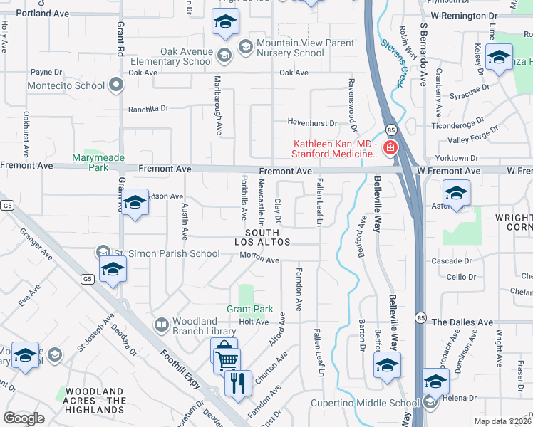 map of restaurants, bars, coffee shops, grocery stores, and more near 1684 Newcastle Drive in Los Altos