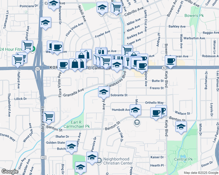 map of restaurants, bars, coffee shops, grocery stores, and more near 1355 Calabazas Court in Santa Clara