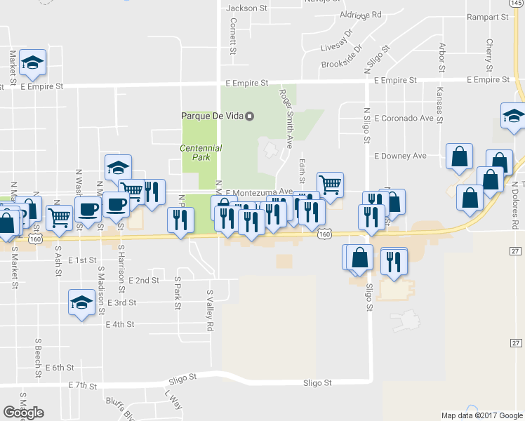map of restaurants, bars, coffee shops, grocery stores, and more near 1206 East Main Street in Cortez