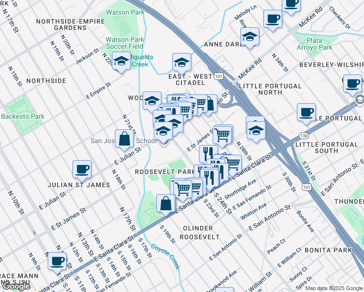 map of restaurants, bars, coffee shops, grocery stores, and more near 228 North 24th Street in San Jose