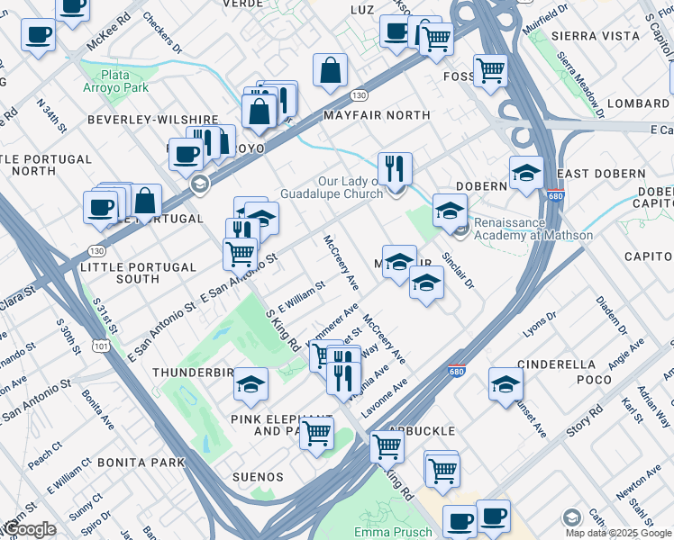 map of restaurants, bars, coffee shops, grocery stores, and more near 255 McCreery Avenue in San Jose