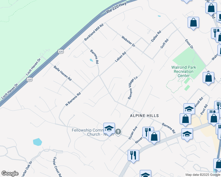map of restaurants, bars, coffee shops, grocery stores, and more near 8103 Golden Oak Lane in Hollins