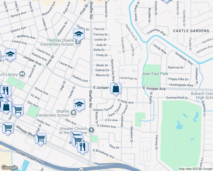 map of restaurants, bars, coffee shops, grocery stores, and more near 1901 Pollitt Court in Atwater