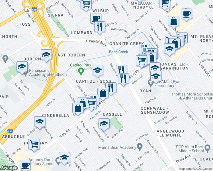 map of restaurants, bars, coffee shops, grocery stores, and more near 2541 Sleepy Hollow Lane in San Jose