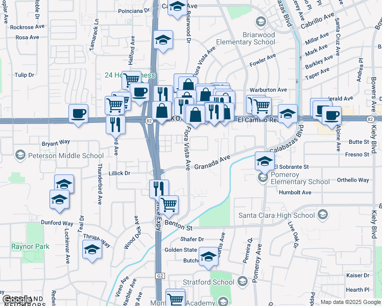 map of restaurants, bars, coffee shops, grocery stores, and more near 3680 Flora Vista Avenue in Santa Clara