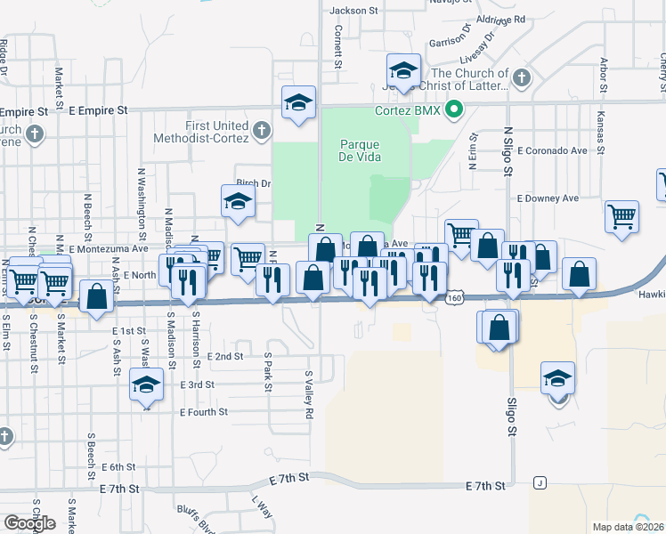 map of restaurants, bars, coffee shops, grocery stores, and more near 1104 East Main Street in Cortez