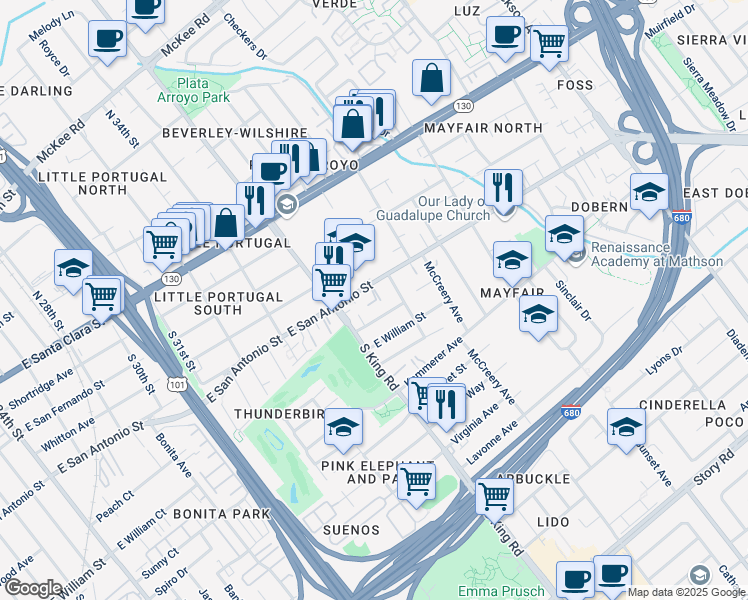 map of restaurants, bars, coffee shops, grocery stores, and more near 219 San Antonio Place in San Jose