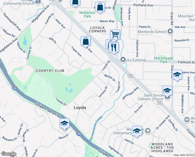 map of restaurants, bars, coffee shops, grocery stores, and more near 1604 Corte Via in Los Altos