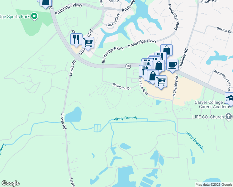 map of restaurants, bars, coffee shops, grocery stores, and more near 12000 Reserve Manor Circle in Chester