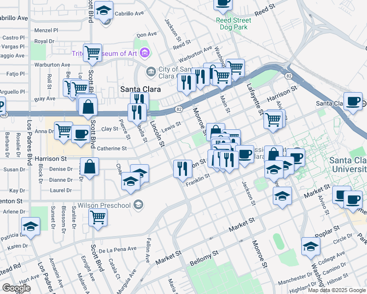 map of restaurants, bars, coffee shops, grocery stores, and more near 1245 Jefferson Street in Santa Clara