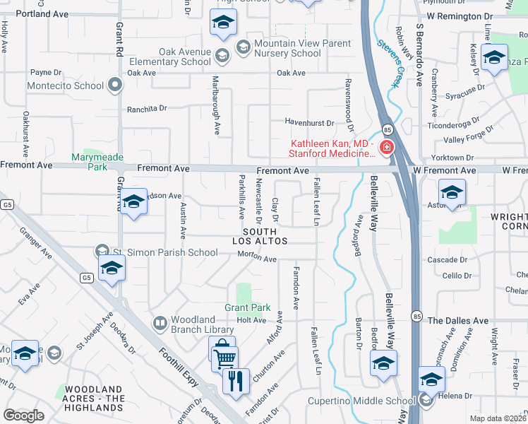 map of restaurants, bars, coffee shops, grocery stores, and more near 1684 Newcastle Drive in Los Altos