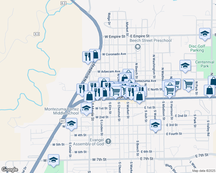 map of restaurants, bars, coffee shops, grocery stores, and more near 121 North Elm Street in Cortez